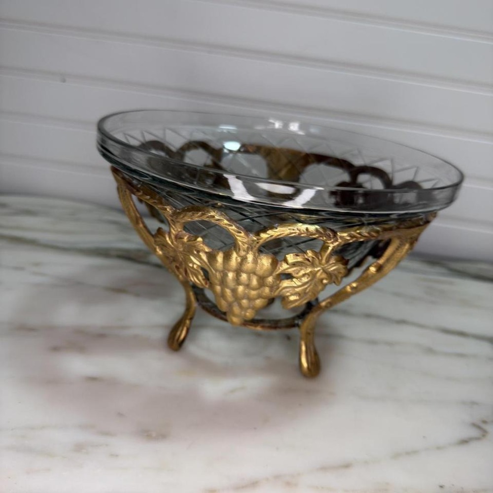 Vintage Glass Bowl with Ornate Brass Grape Stand – Detachable 3-Legged Footed